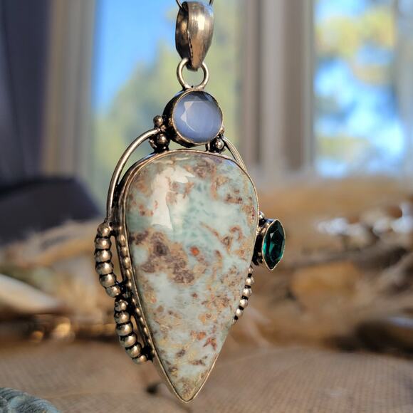 Larimar Blue Topaz Pendant Sterling Silver, Handmade Ocean-Inspired Jewelry - Picture 7 of 10